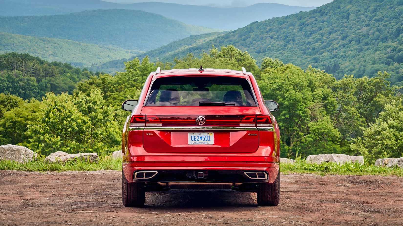 Rear shot of a 2026 Volkswagen Atlas parked off-road