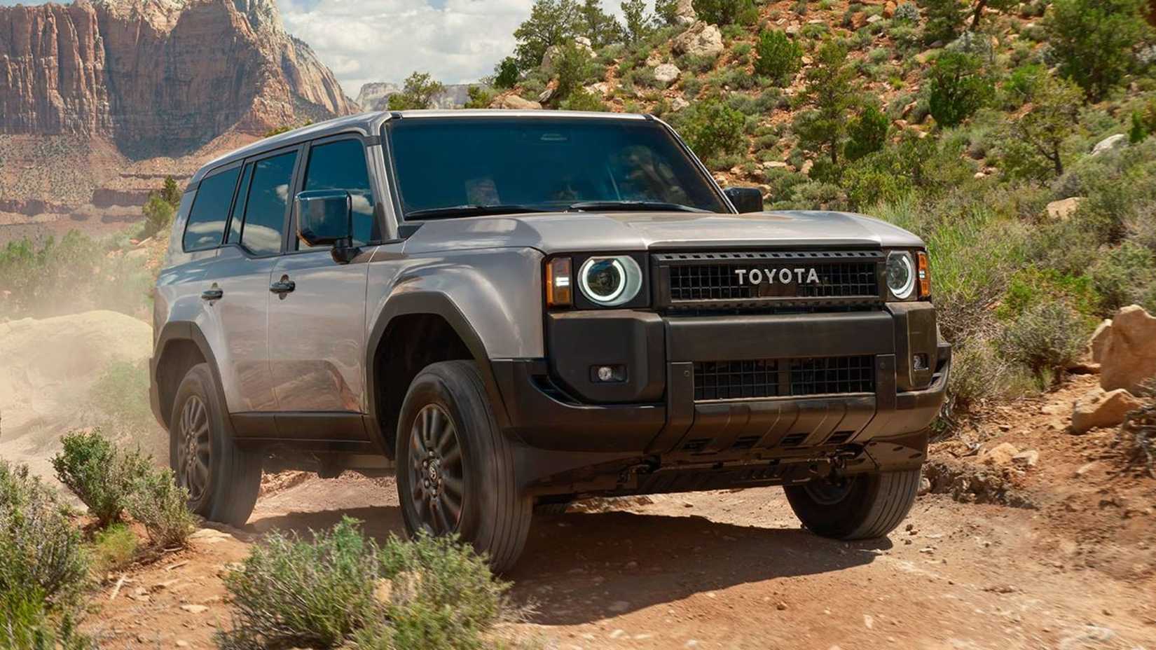 2025 Toyota Land Cruiser front 3/4 shot driving off-road