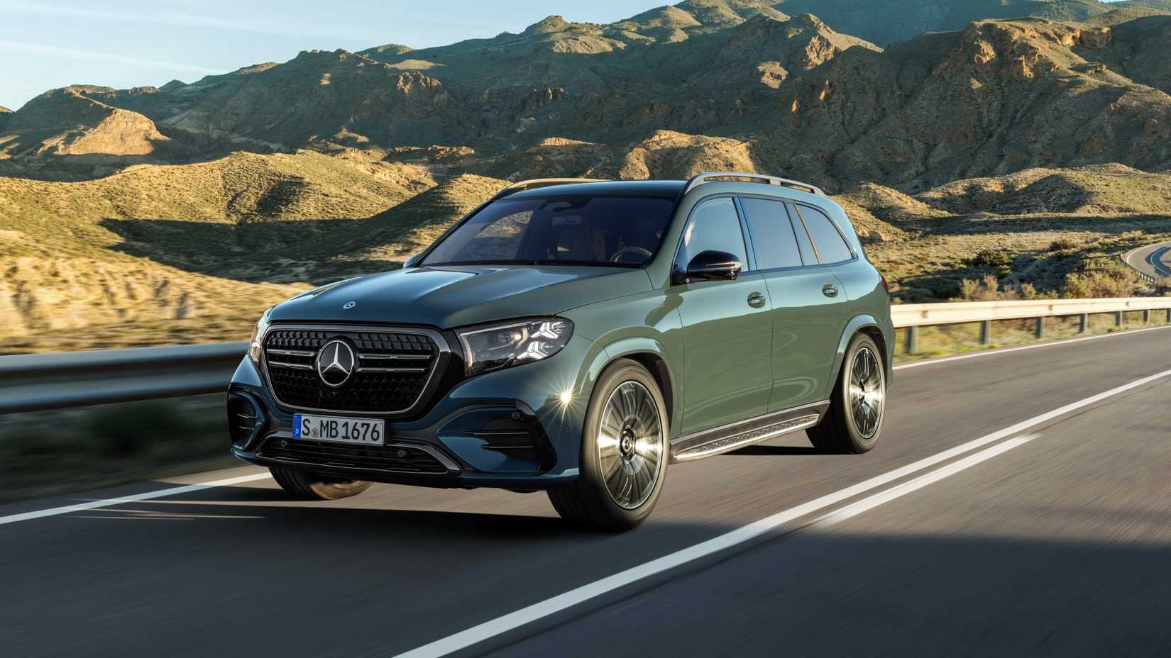 Front shot of a 2027 Mercedes-Benz GLS 580 driving down the road