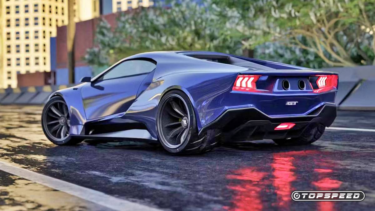 Un concept di un'auto mid-engined Ford con design futurista e dettagli ispirati al GT e alla Corvette