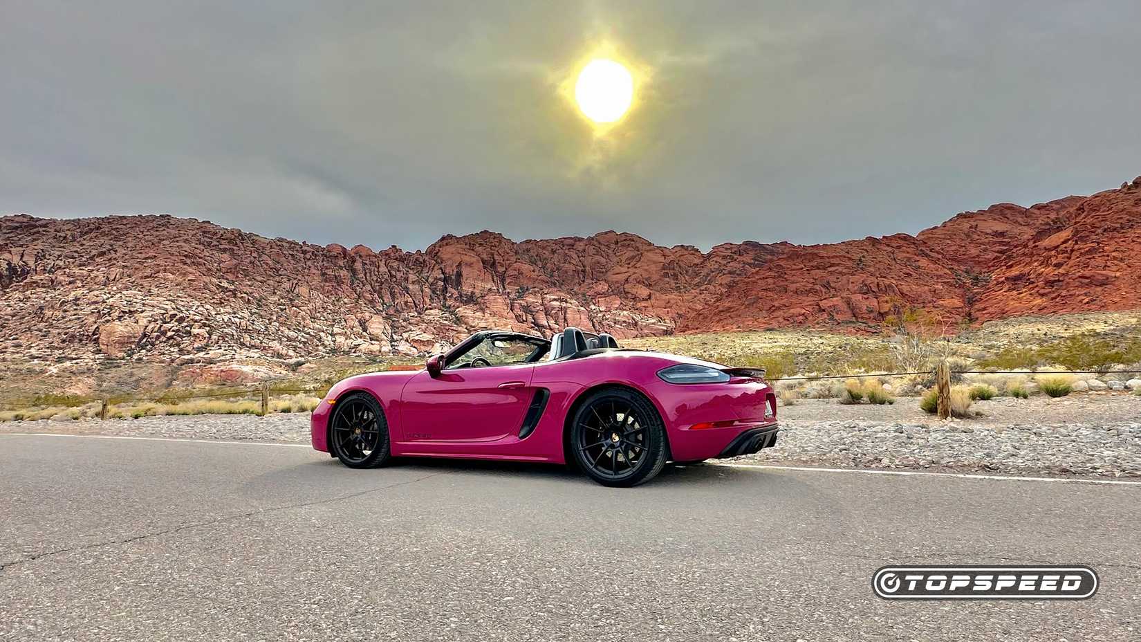 A Driver's Side View Of A 2024 Porsche 718 Boxster GTS 4.0 Cabriolet Parked In A Canyon Outside Of Las Vegas