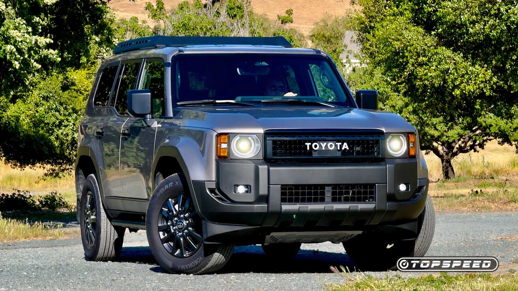 Perfil dianteiro exterior do Toyota Land Cruiser 2025 fora da estrada
