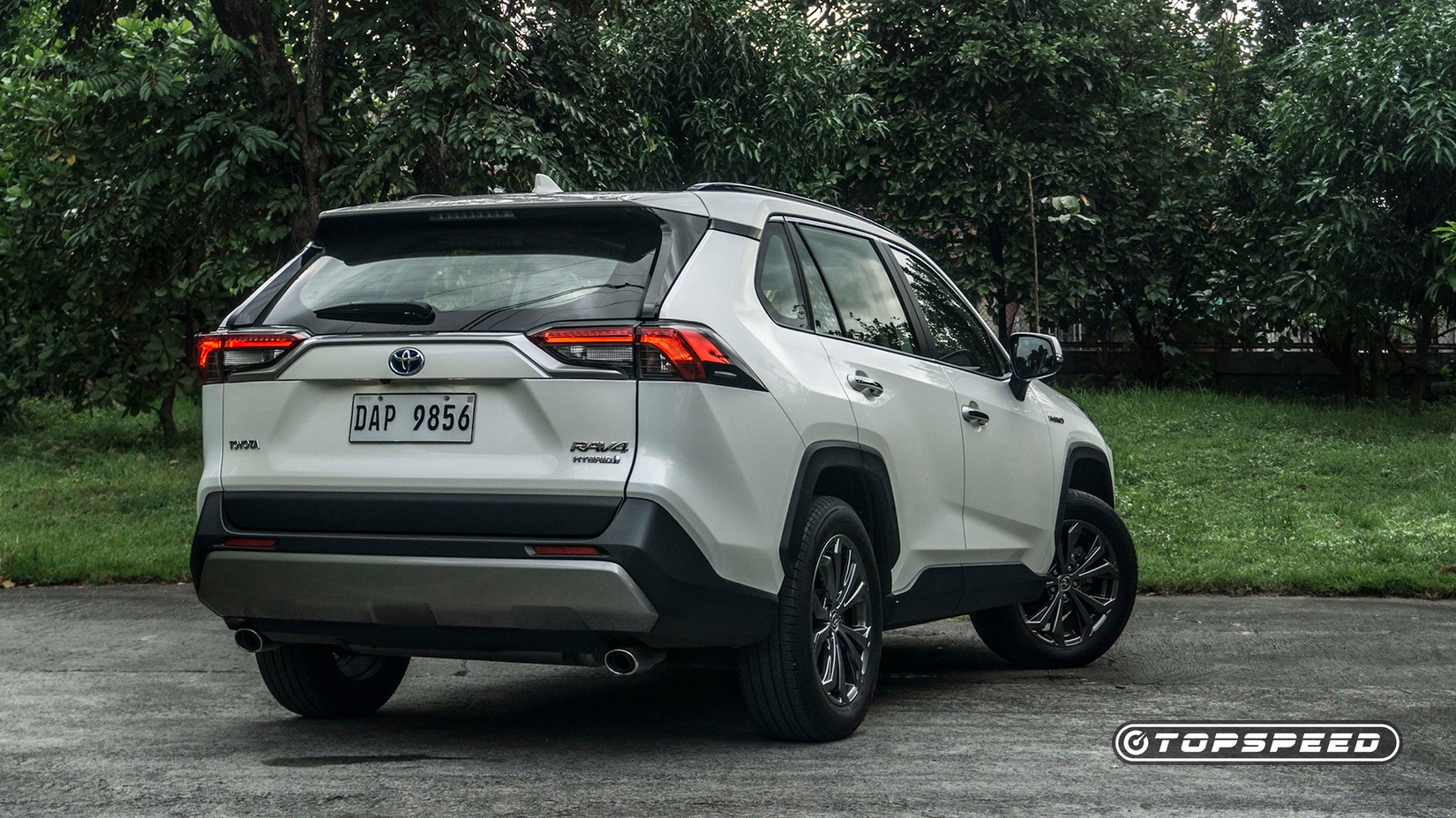 Rear 3/4 view of a 2022 Toyota RAV4 Hybrid