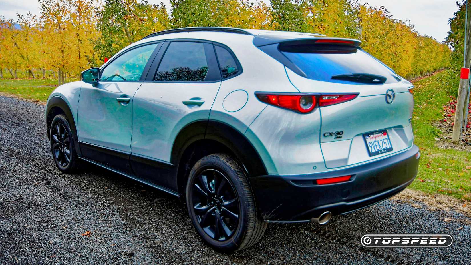 2026 Mazda CX-30 rear 3/4 shot parked in front of trees