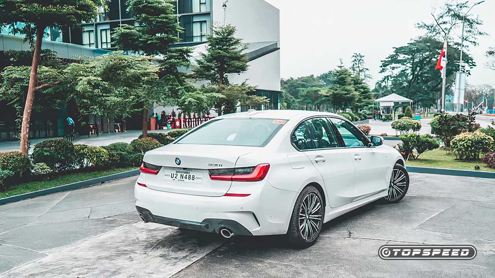 3/4 rear view of a 2020 BMW 330i M Sport