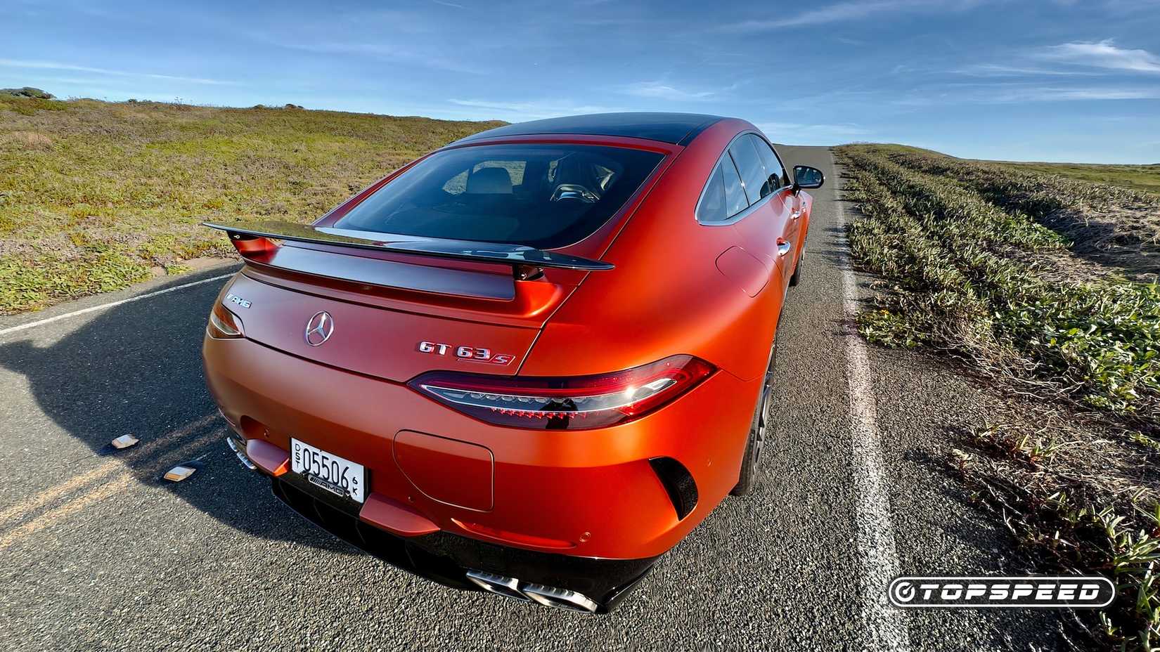 2026 Mercedes-AMG GT63 S E Performance Exterior Rear 3.25 uphill on road