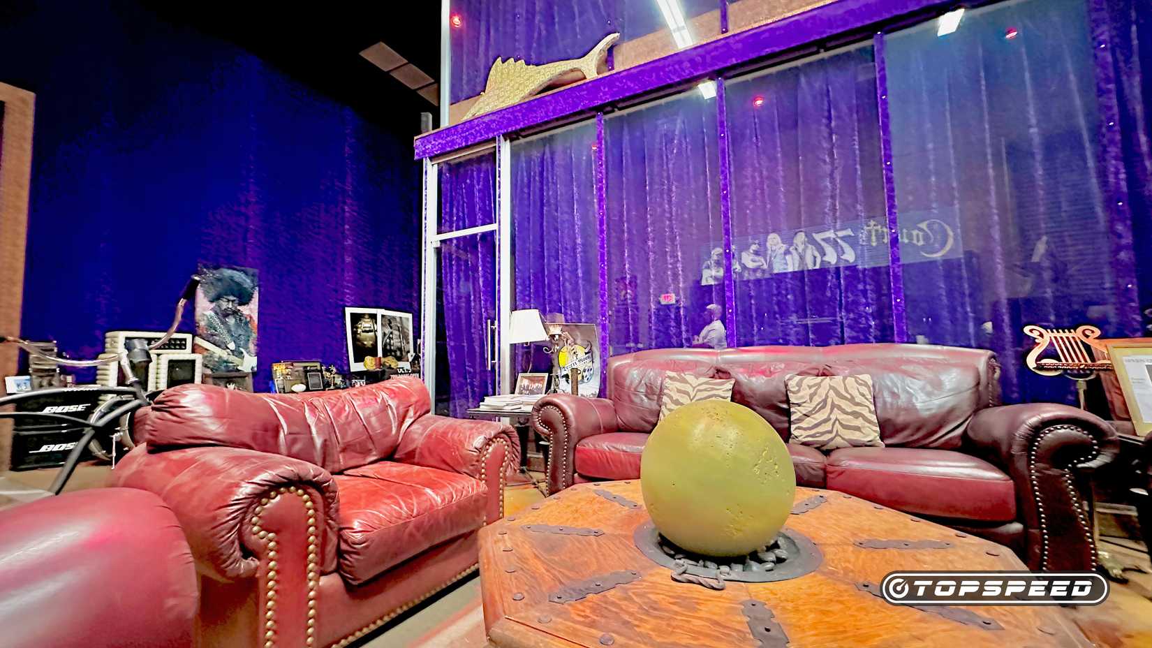 An interior of the Countcore hangout at Count’s Kustoms where Danny and guests chill on the leather couches 