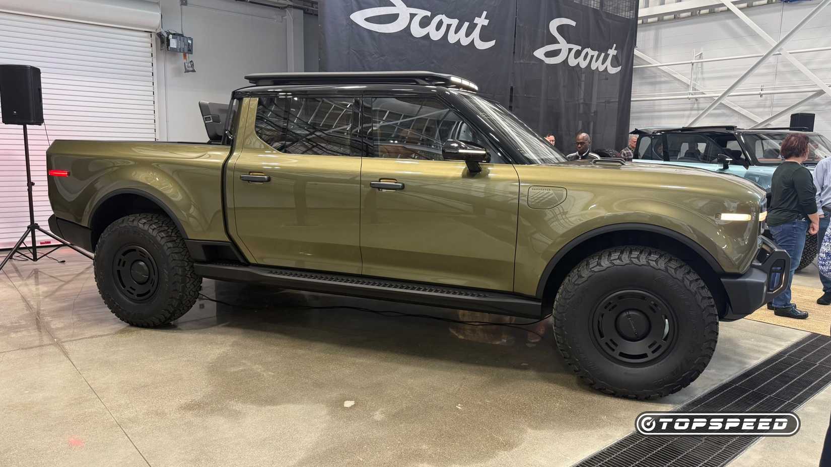 A Scout Terra pickup parked in the brand's Innovation Center in Michigan