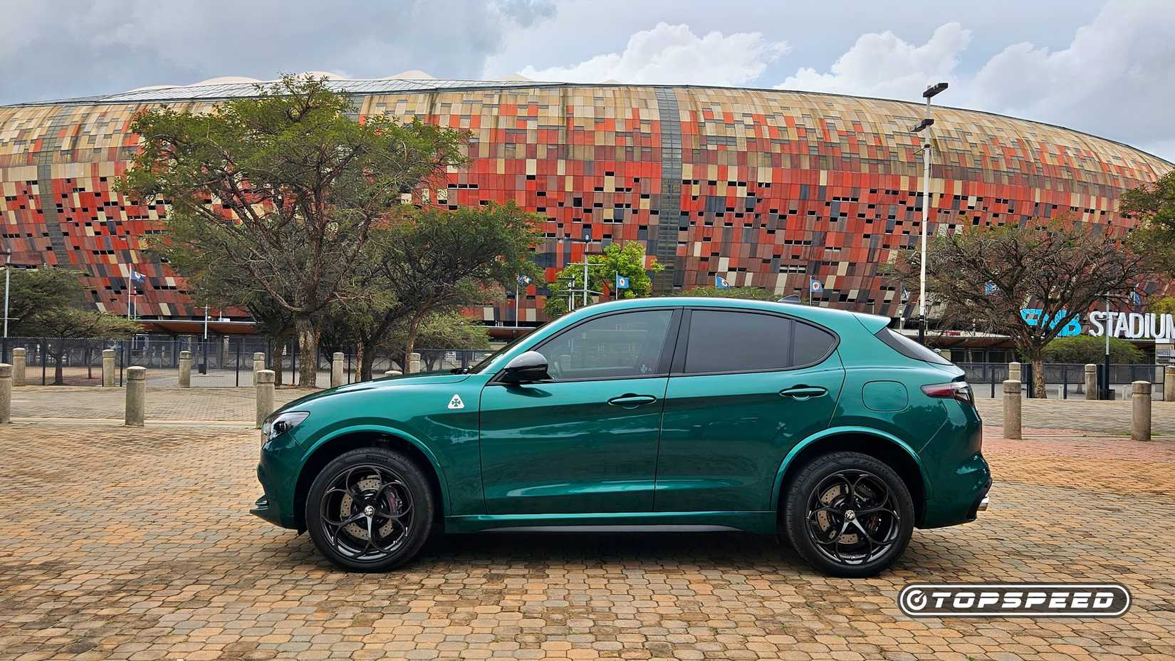 2026 Alfa Romeo Stelvio Quadrifoglio parked at the legendary FNB Stadium (side shot)